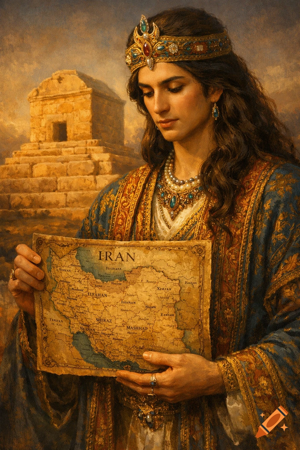 Classical painting of a crowned person in traditional Iranian clothing holding a map of Iran, with the Tomb of Cyrus the Great in the background.