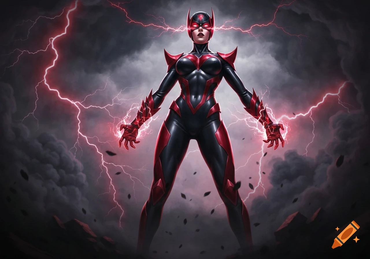 A female superhero in a black and red suit with glowing red eyes and hands, surrounded by red lightning, against a dark, cloudy sky.
