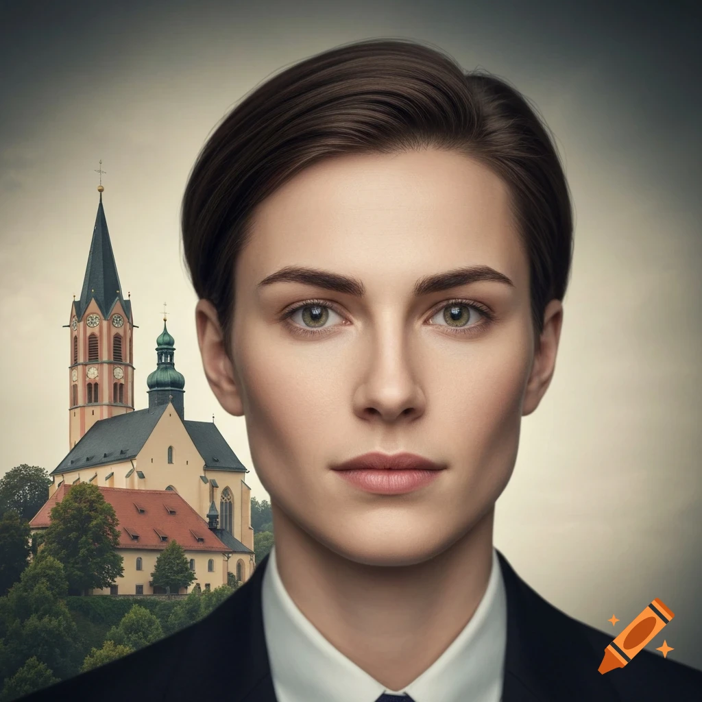 Photorealistic portrait of a woman in a suit with short brown hair, green eyes, standing in front of two churches with spires.