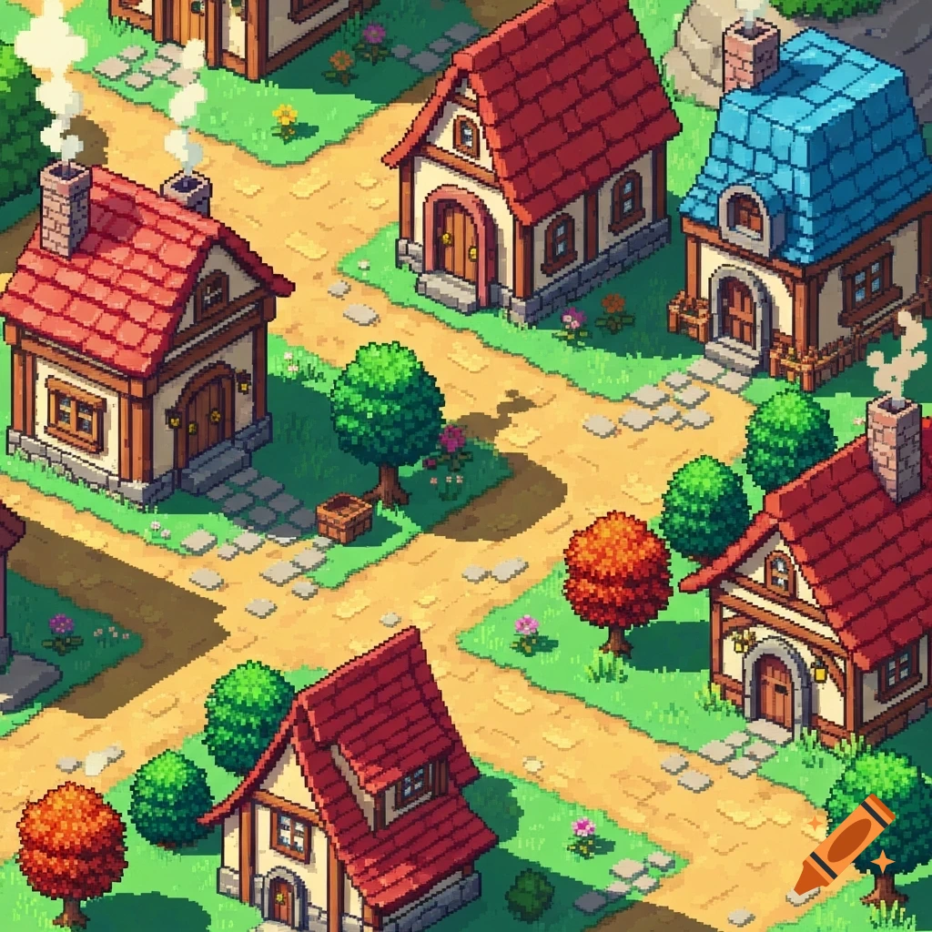 A vibrant isometric pixel art village scene with several houses, green trees, and sandy paths winding through grassy areas.