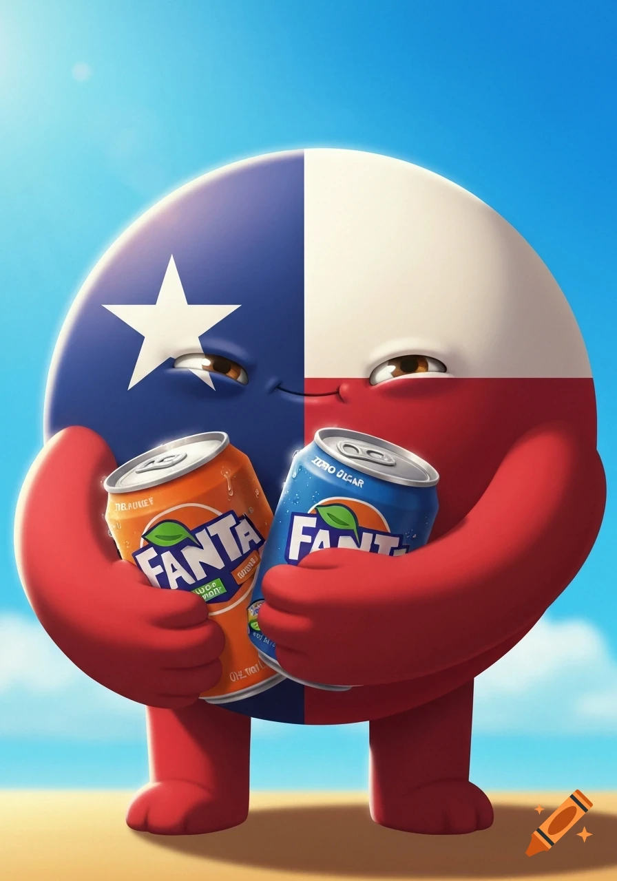 A cartoon character resembling the Texas flag smiles while holding an orange Fanta can and a blue Fanta can.