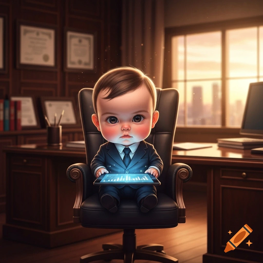 A cute, stylized baby in a suit sits in an office chair, holding a glowing tablet with blue data graphs, in an office setting.