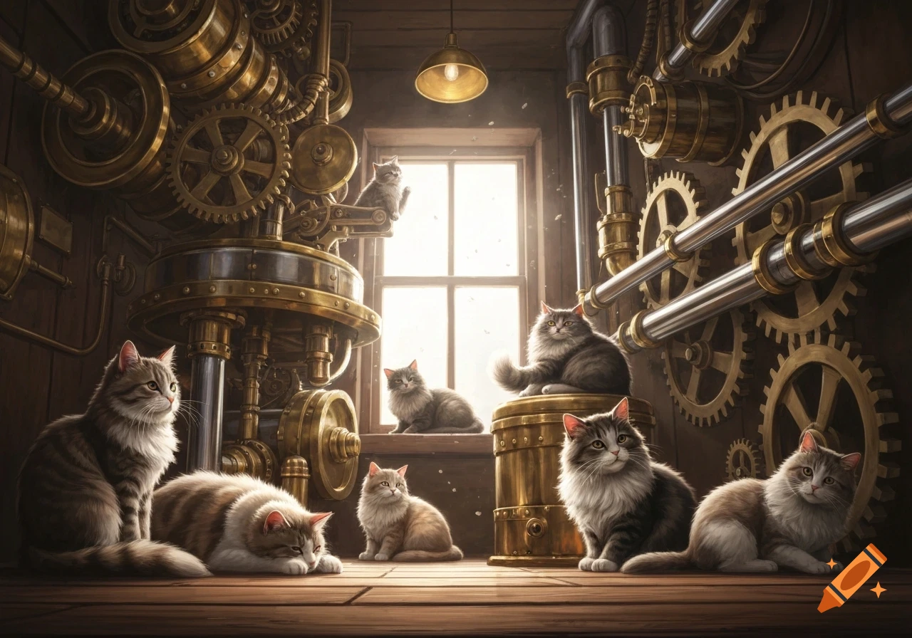 Multiple fluffy cats in a steampunk-style room with ornate brass gears, pipes, and machinery, bathed in light from a window.