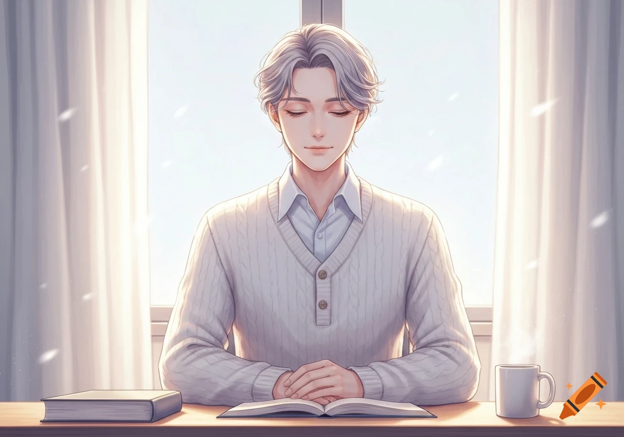 Anime-style man with silver hair, eyes closed, sitting calmly at a sunlit desk with books and a mug.