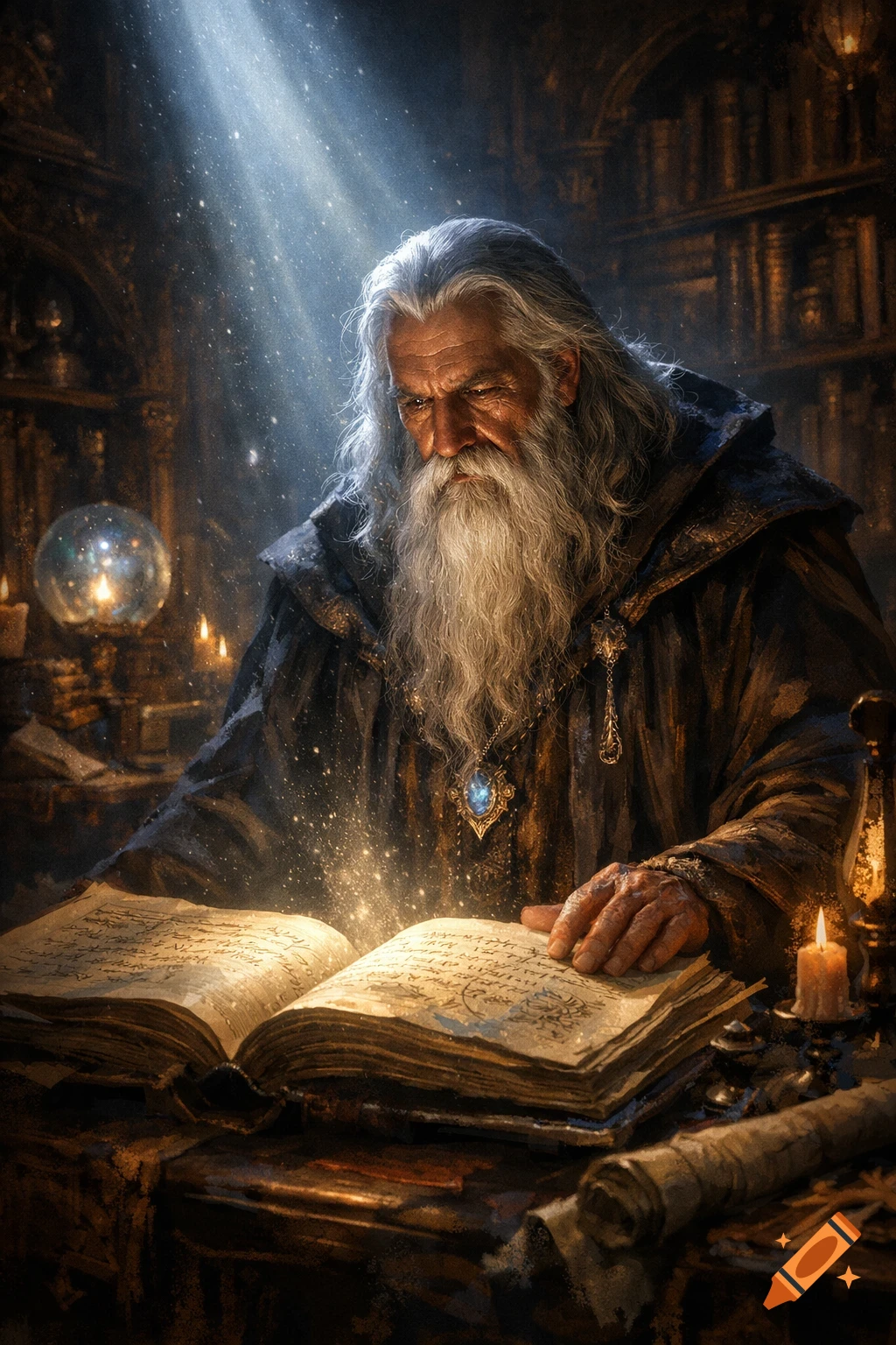 A wise old wizard with a long white beard reads a glowing, ancient book in a dimly lit, mystical library, bathed in magical light.