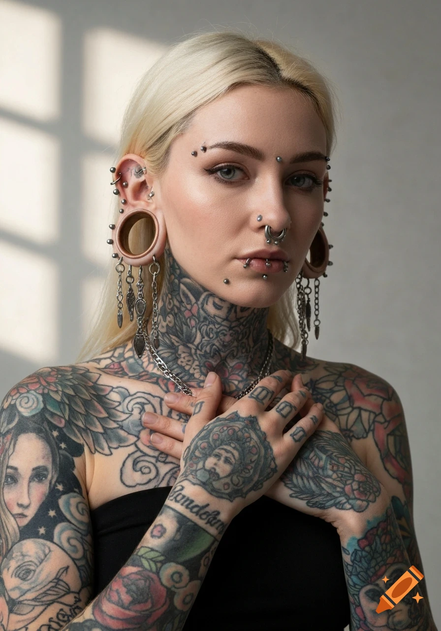 Blonde woman with extensive tattoos, facial and ear piercings, and large stretched ear gauges, looking forward.