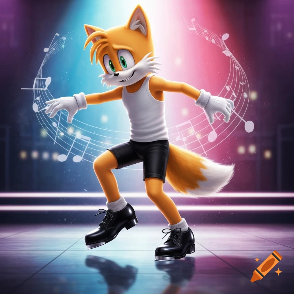 Tails from Sonic tap dancing in a white tank top, black shorts, and tap shoes, surrounded by musical notes on a stage.