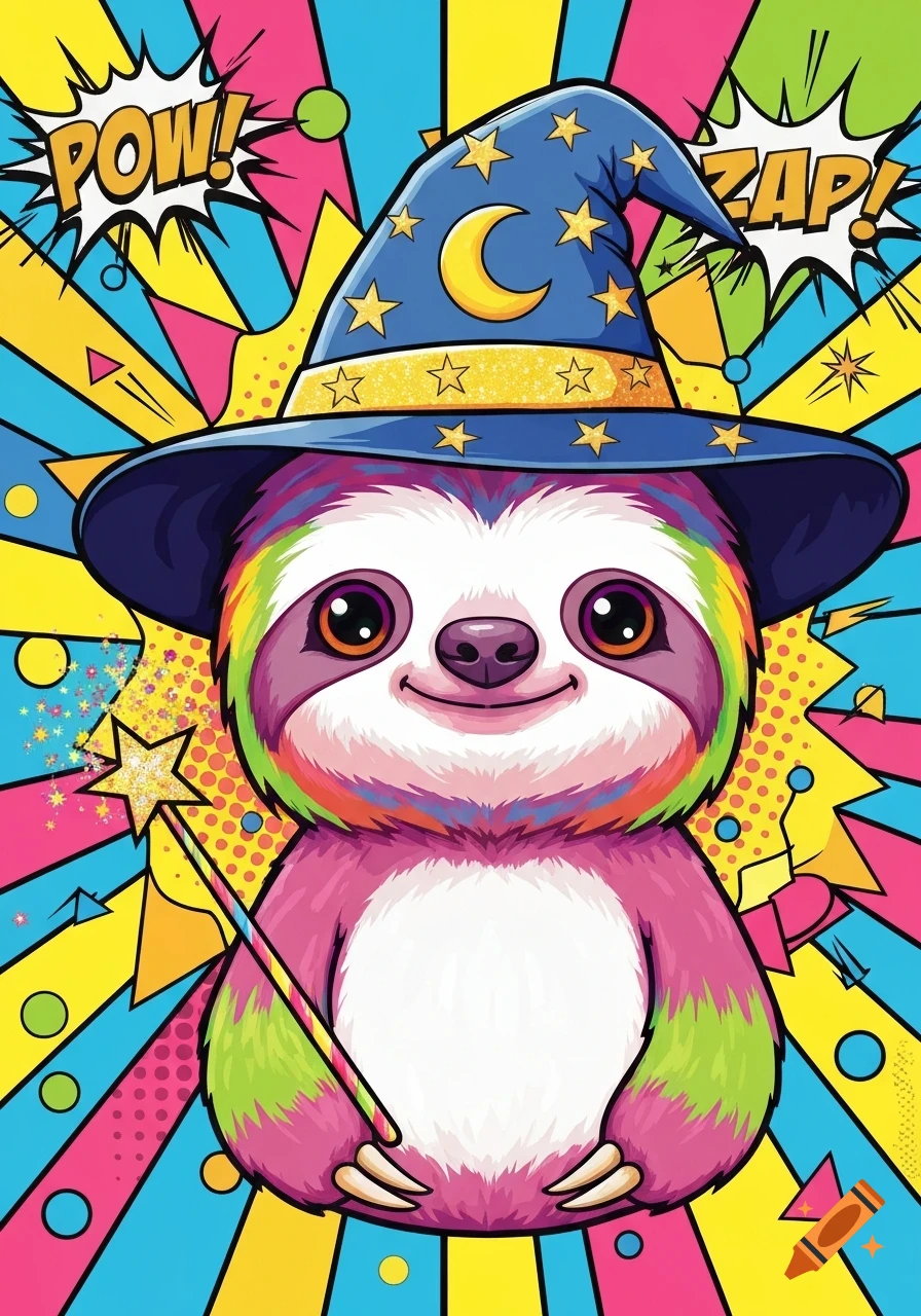 A colorful pop art sloth wears a blue wizard hat and holds a magic wand, with "POW!" and "ZAP!" speech bubbles.