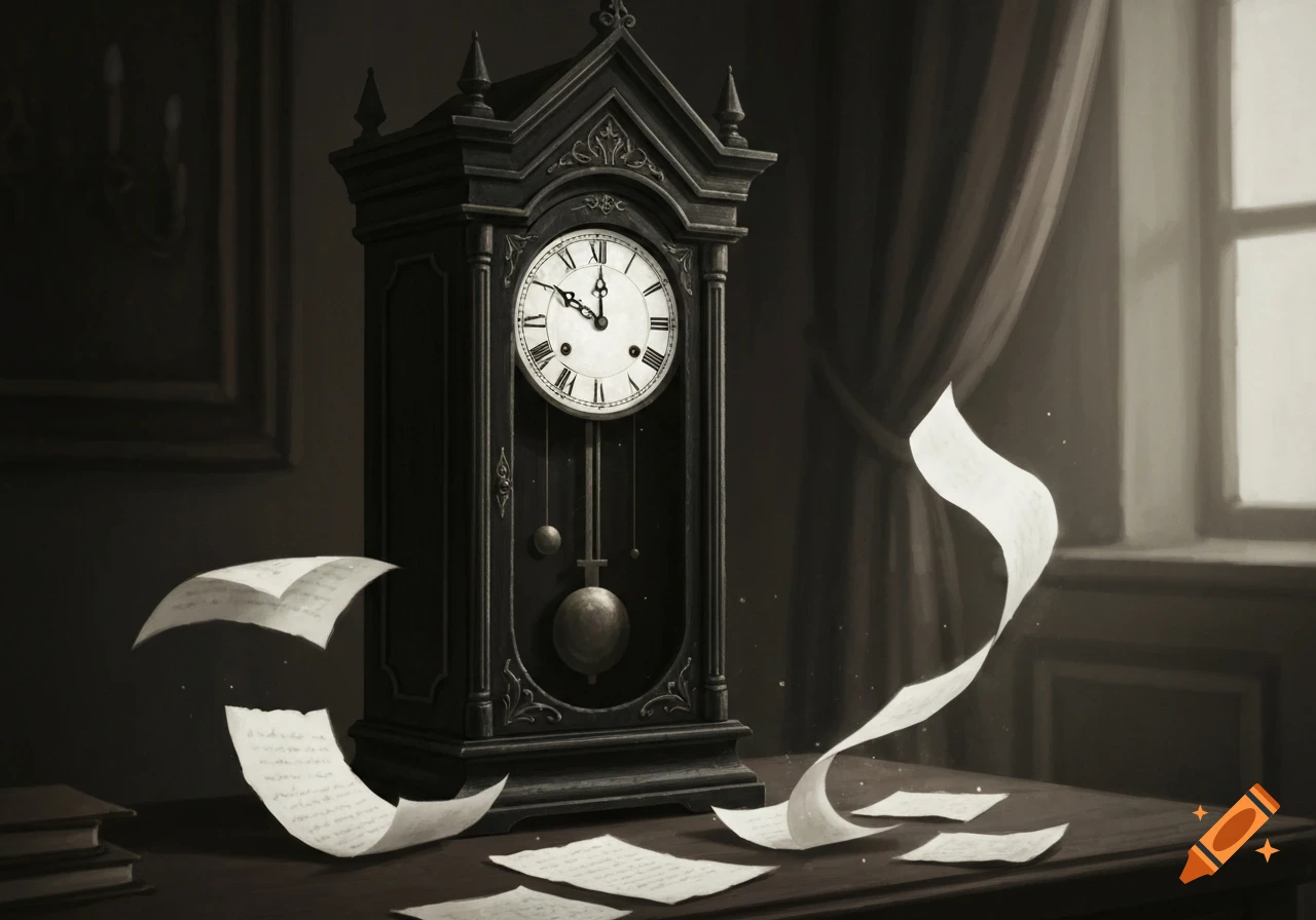 A vintage-style illustration of an antique grandfather clock on a wooden table with papers floating and scattered around it, next to a window.
