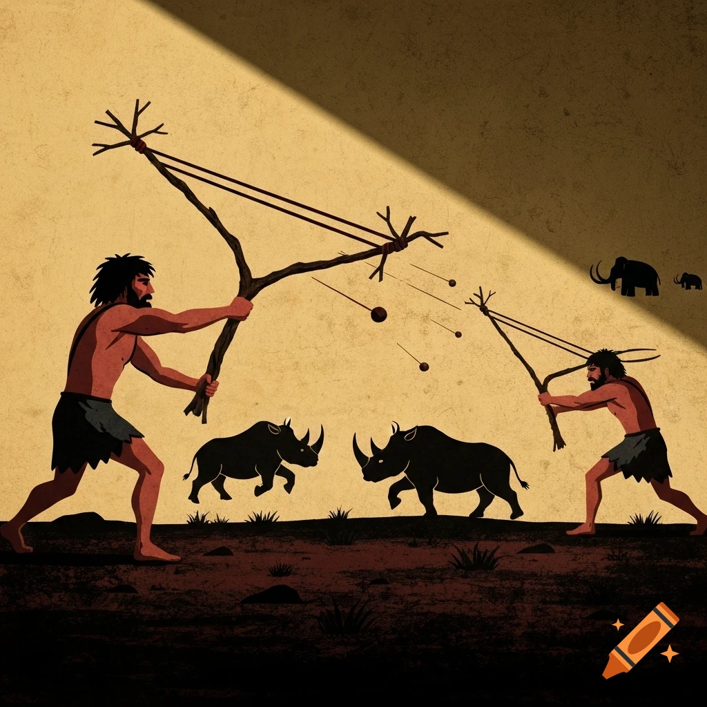 Two stylized cavemen aim primitive slingshots at rhinos in a cave art style scene with mammoths in the background.