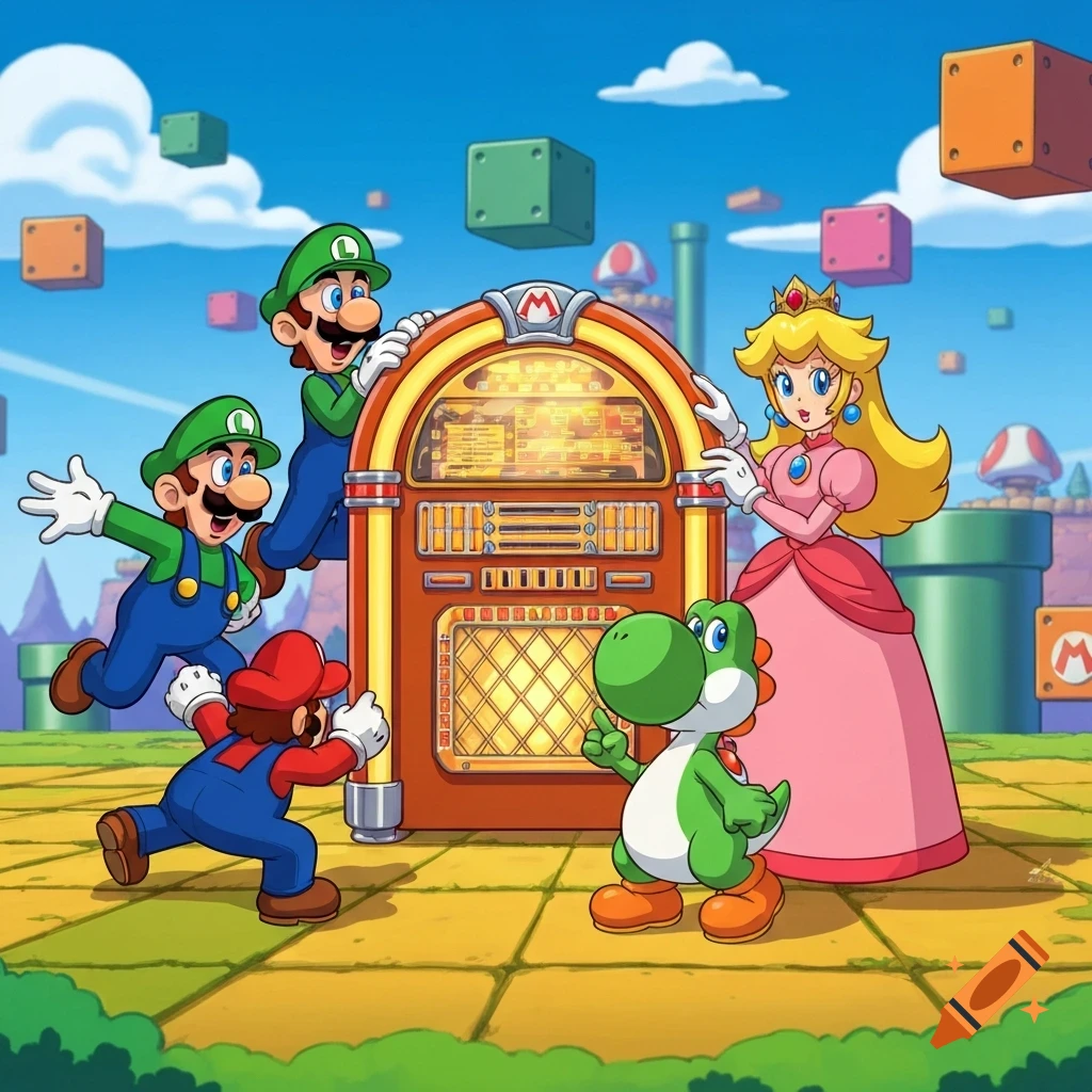 Cartoon of Mario, Luigi, Princess Peach, and Yoshi gathered around a classic jukebox in a vibrant Super Mario-themed world.