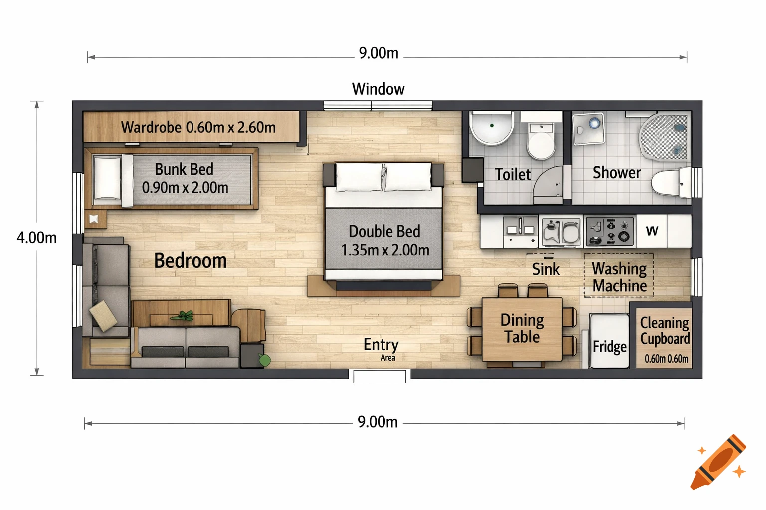 Top-down view of a rectangular floor plan, 9.00m by 4.00m, featuring a bedroom with bunk and double beds, a toilet and shower, a kitchen with a sink and washing machine, a dining table, fridge, and cleaning cupboard.