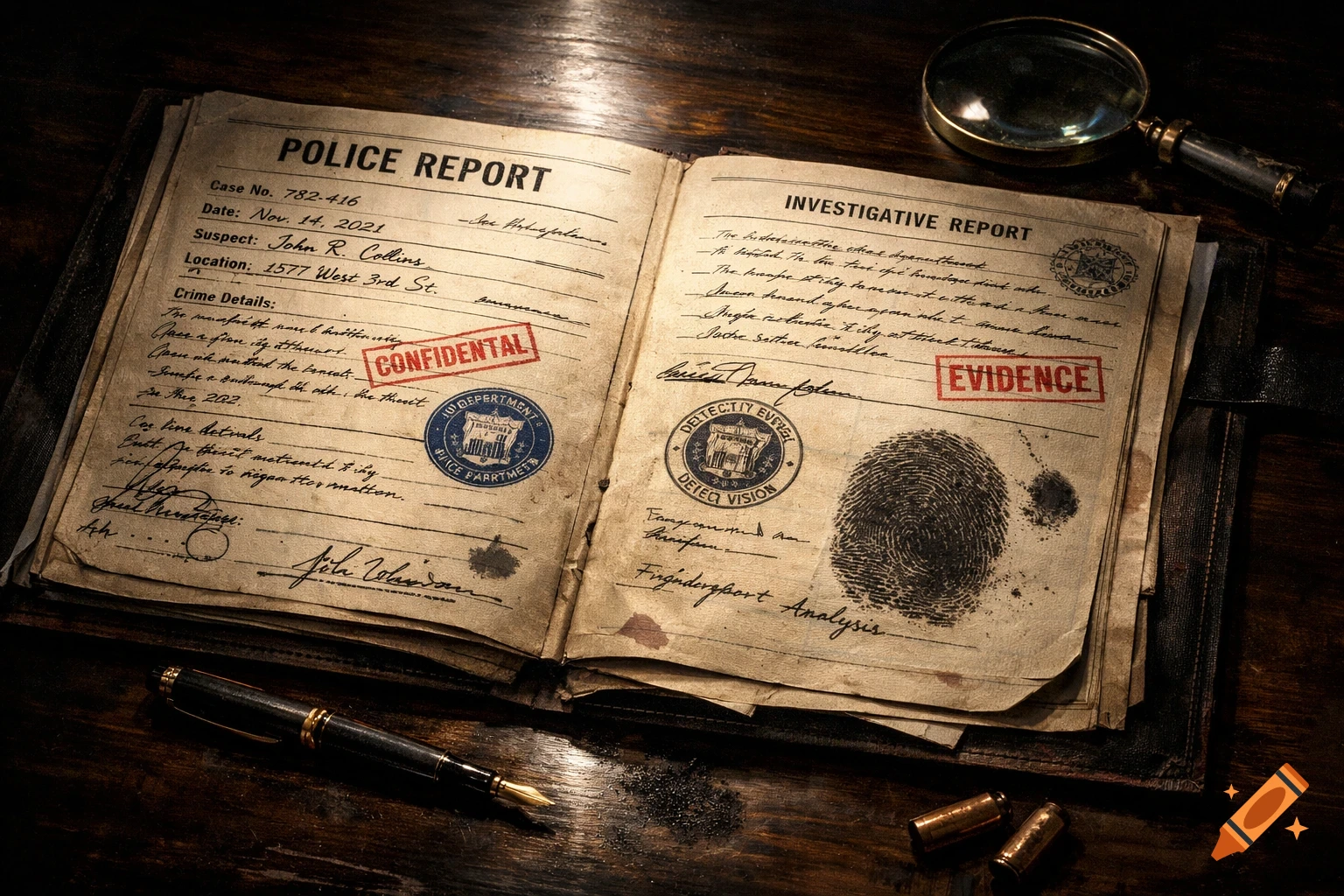 An old, open police report with handwritten details, "CONFIDENTIAL" and "EVIDENCE" stamps, fingerprints, seals, a magnifying glass, a pen, and bullet casings on a wooden desk.