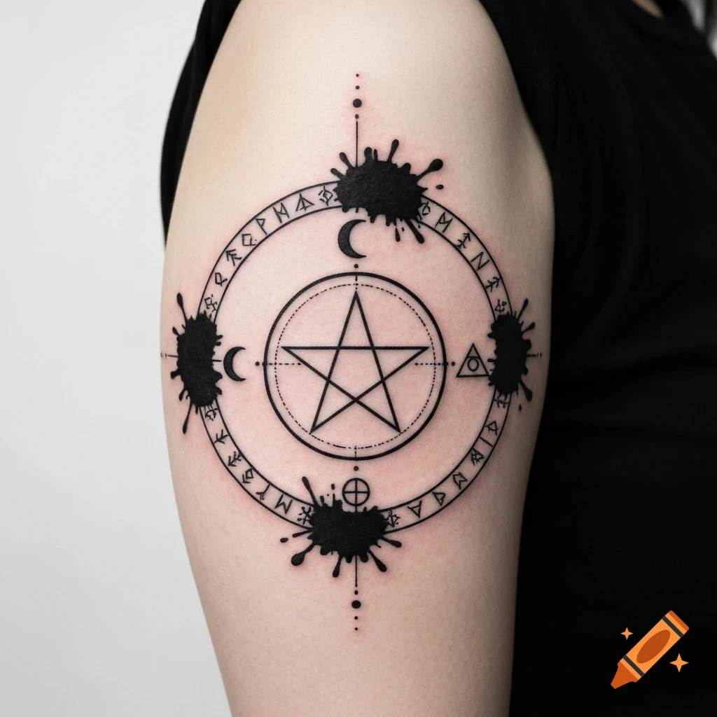 A clean blackwork occult sigil tattoo with a pentagram and runic circle on a bicep.