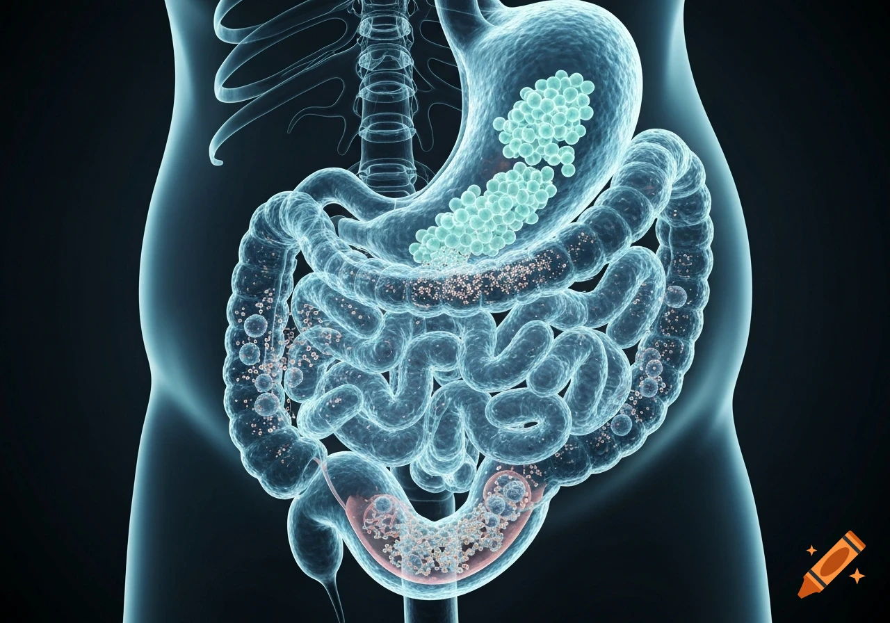 3D medical illustration of a transparent human torso showing the stomach and intestines with glowing gut bacteria inside.