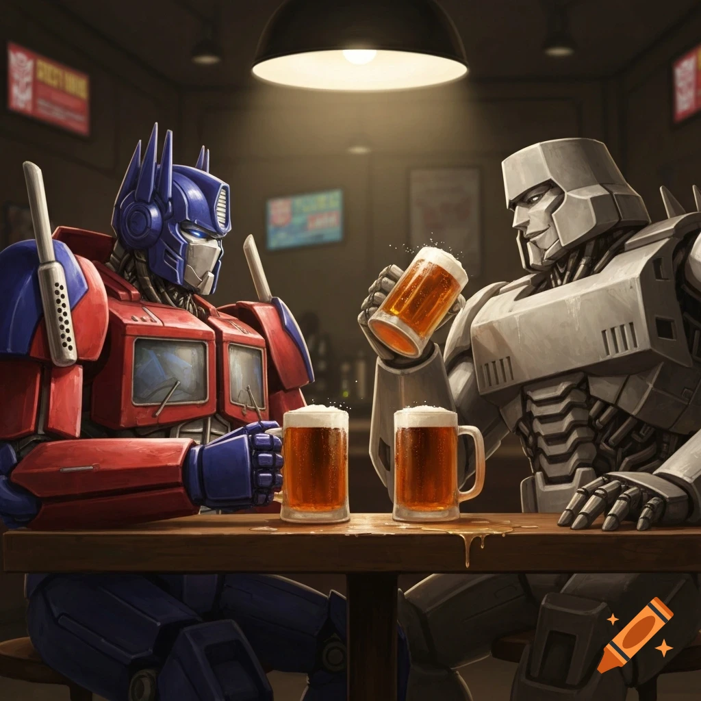 Optimus Prime and Megatron, two robots, share beers at a wooden table in a dimly lit bar, illustrated in a comic art style.