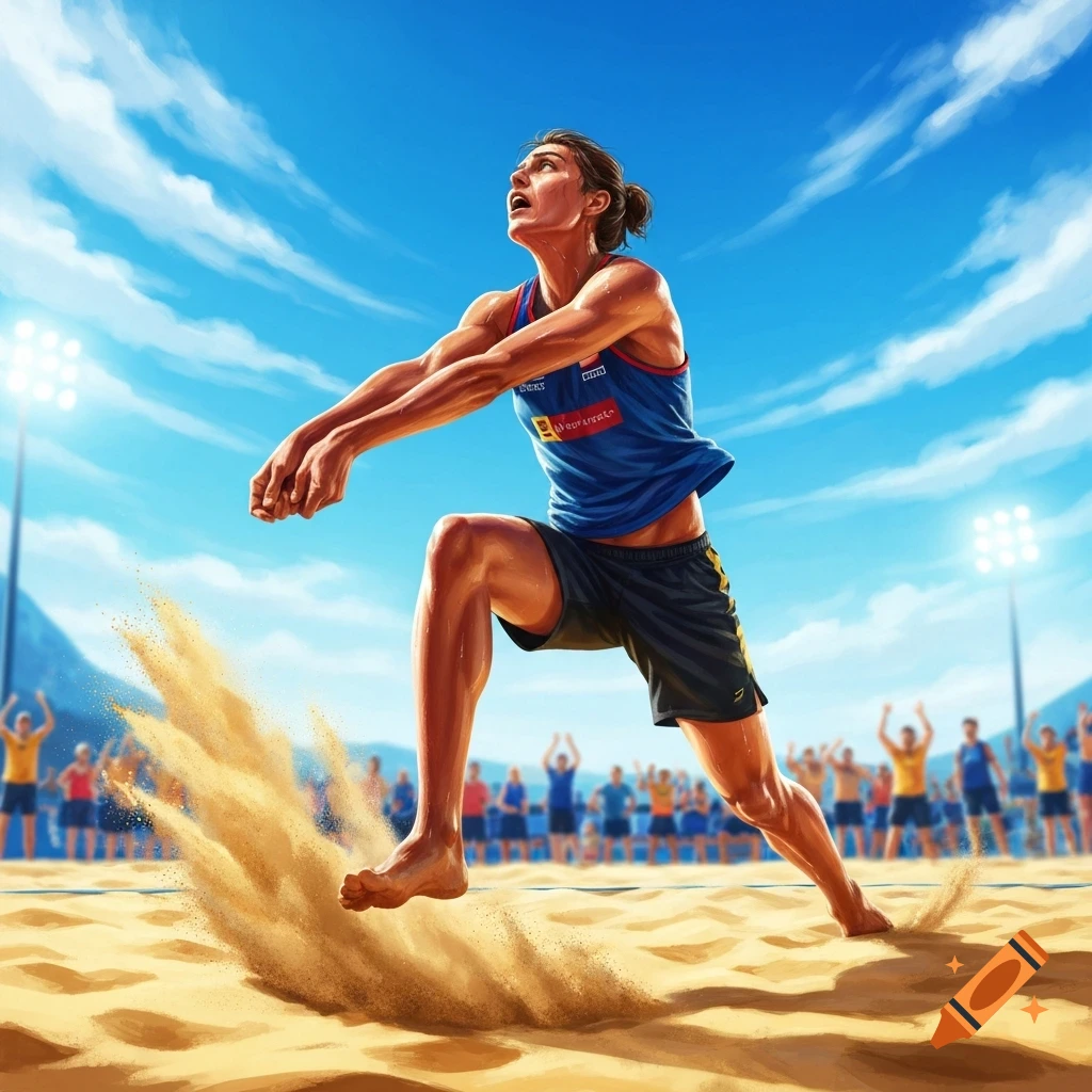 Dynamic illustration of a male volleyball player diving in sand on a bright beach court with spectators and stadium lights.