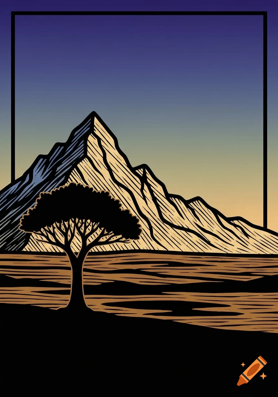 Linocut style landscape illustration with a silhouetted tree, mountain, and a gradient sunset sky framed by a black border.