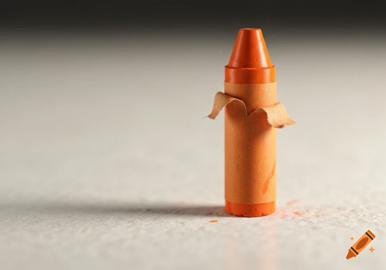 A close-up of a partially unwrapped orange crayon standing upright on a light surface, with some orange crayon dust nearby.
