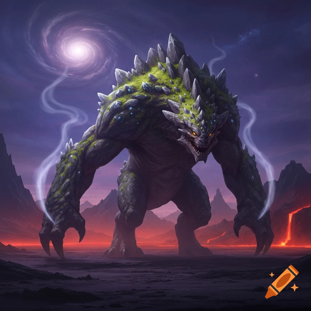 A huge, menacing rock and moss monster stands on a dark, volcanic alien landscape under a swirling galaxy and purple sky.