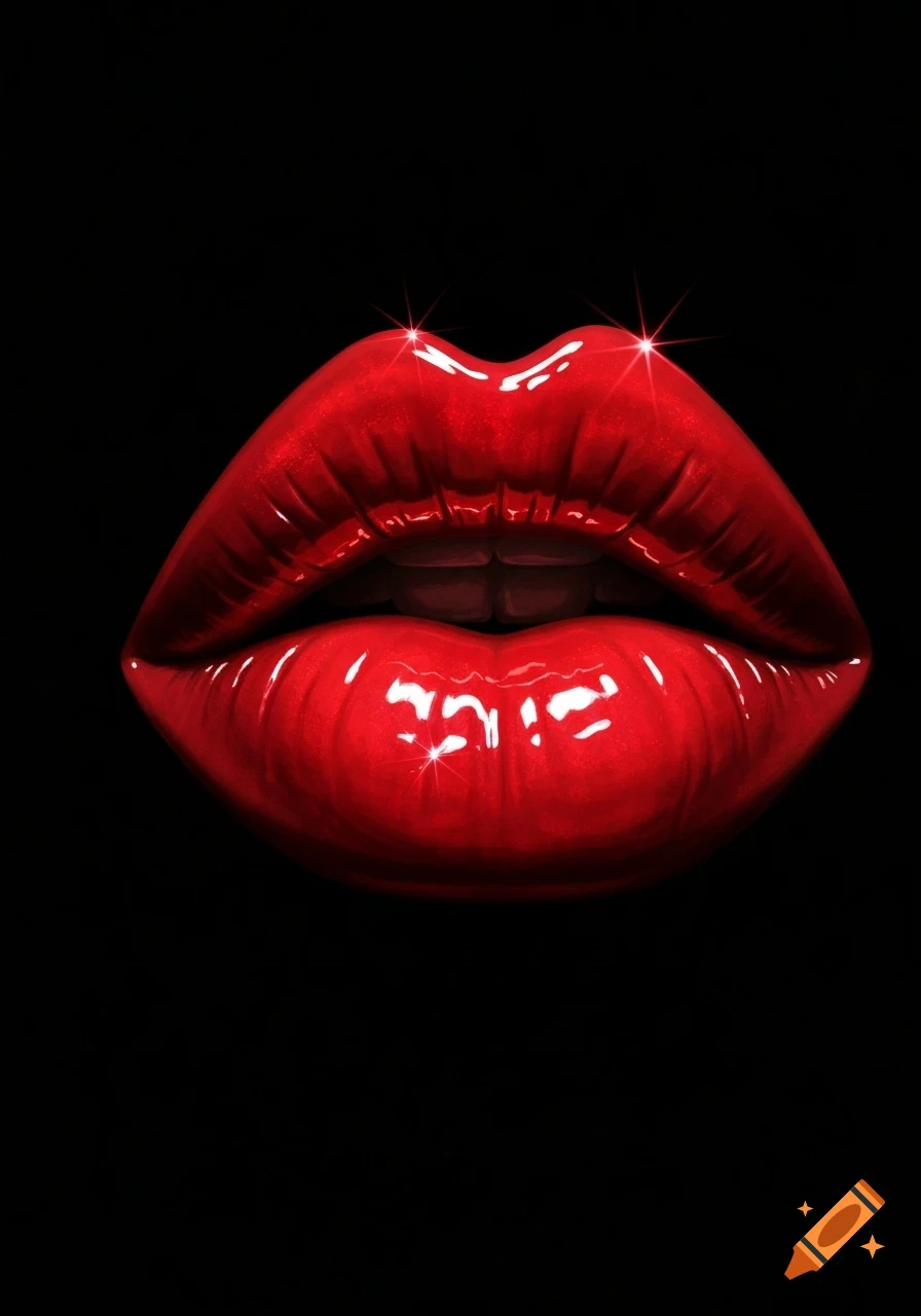 A close-up of vibrant, glossy red lips with sparkling highlights against a black background.