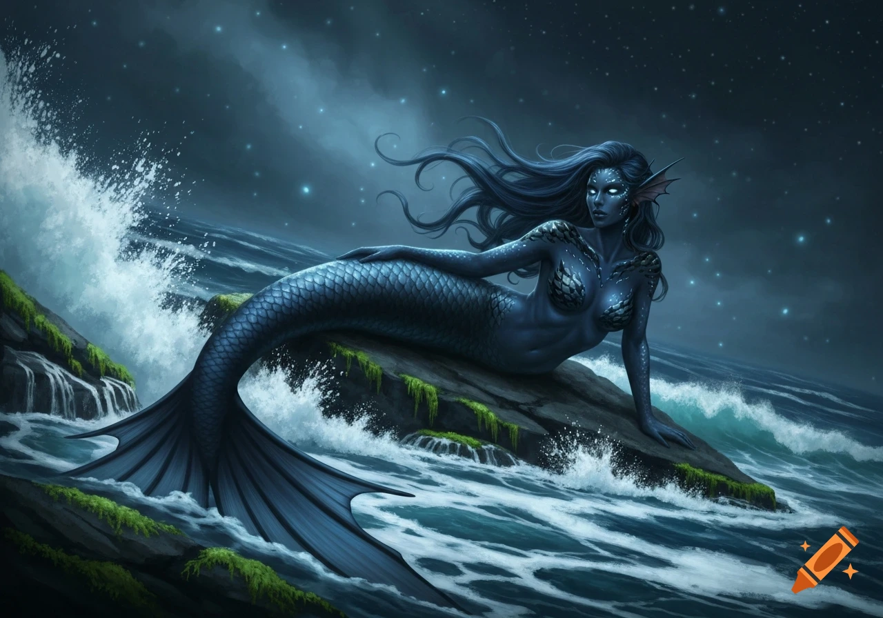 A dark mermaid with blue scales and glowing eyes rests on a mossy rock in a stormy ocean under a starry night.