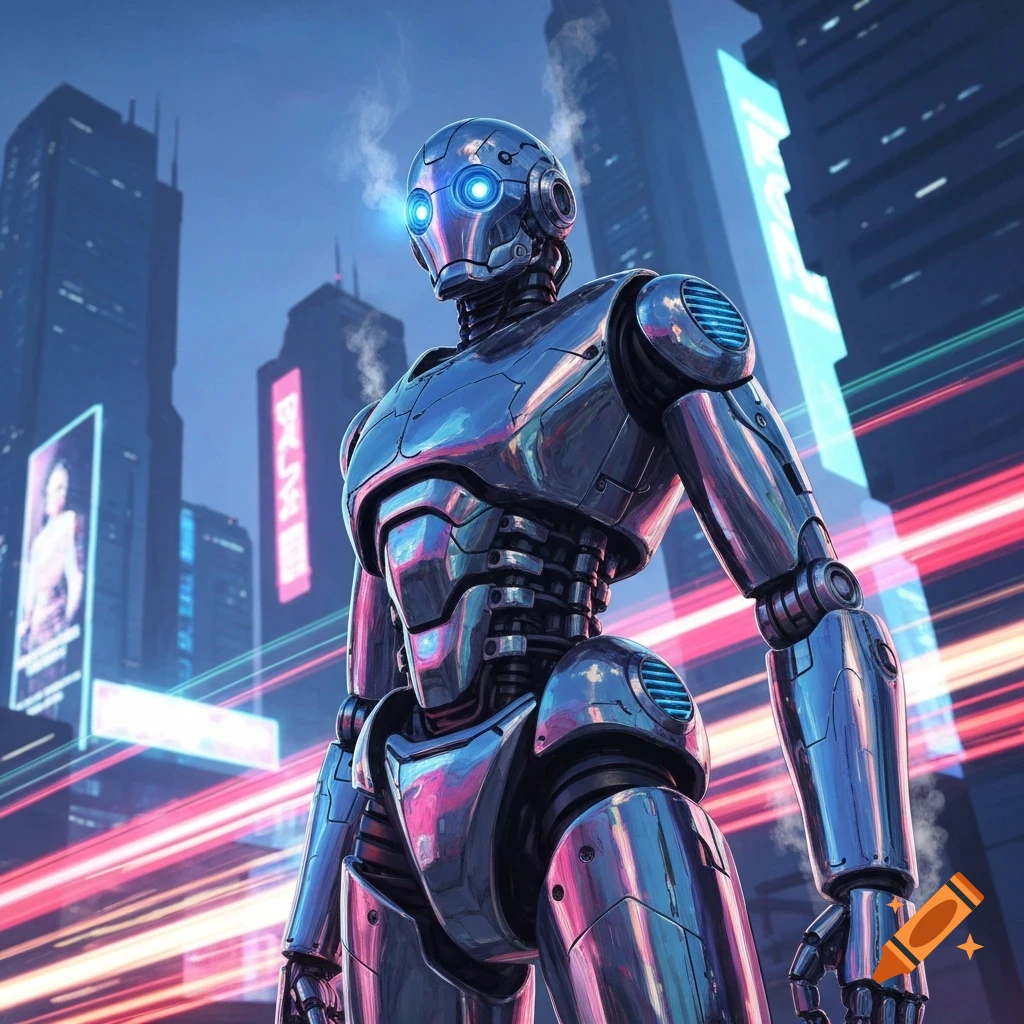 A metallic robot with glowing blue eyes stands in a futuristic city with neon lights and tall buildings.