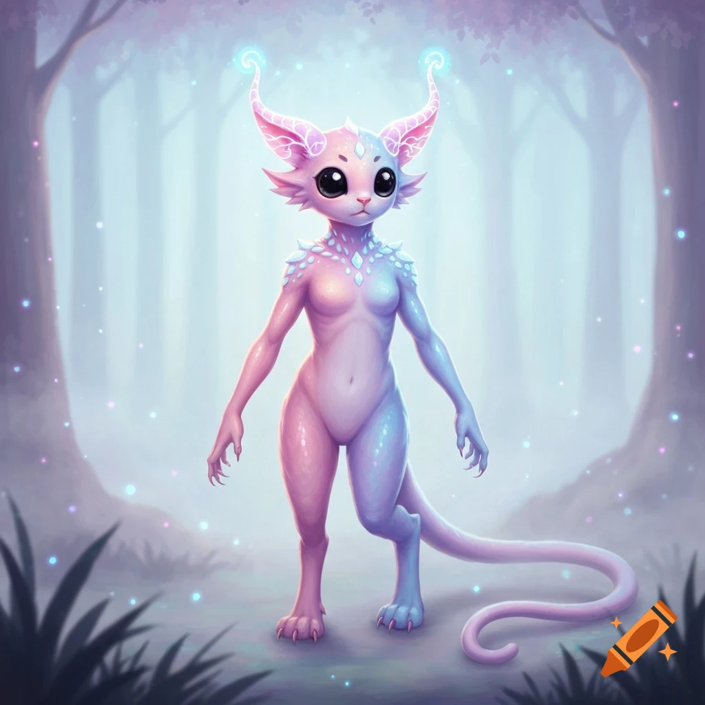An iridescent pink and blue fantasy creature with a cat-like face, horns, and scales stands in a mystical, foggy forest.