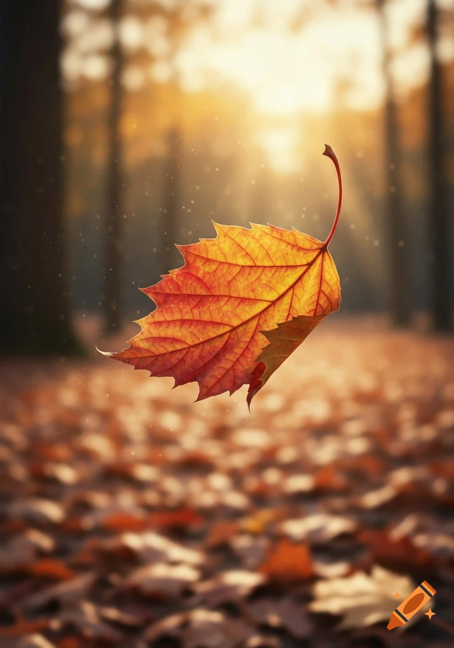 A vibrant orange and red autumn leaf gracefully falling in a sunlit forest, with blurred leaves on the ground.