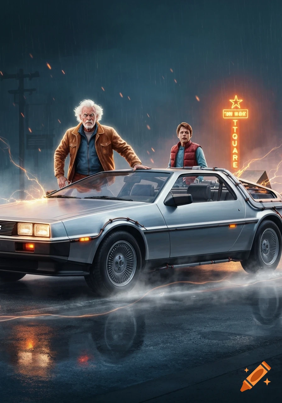 Doc Brown and Marty McFly stand next to the DeLorean time machine in a rainy, stormy setting with lightning and a neon sign in the background, illustrated in a dramatic, stylized way.