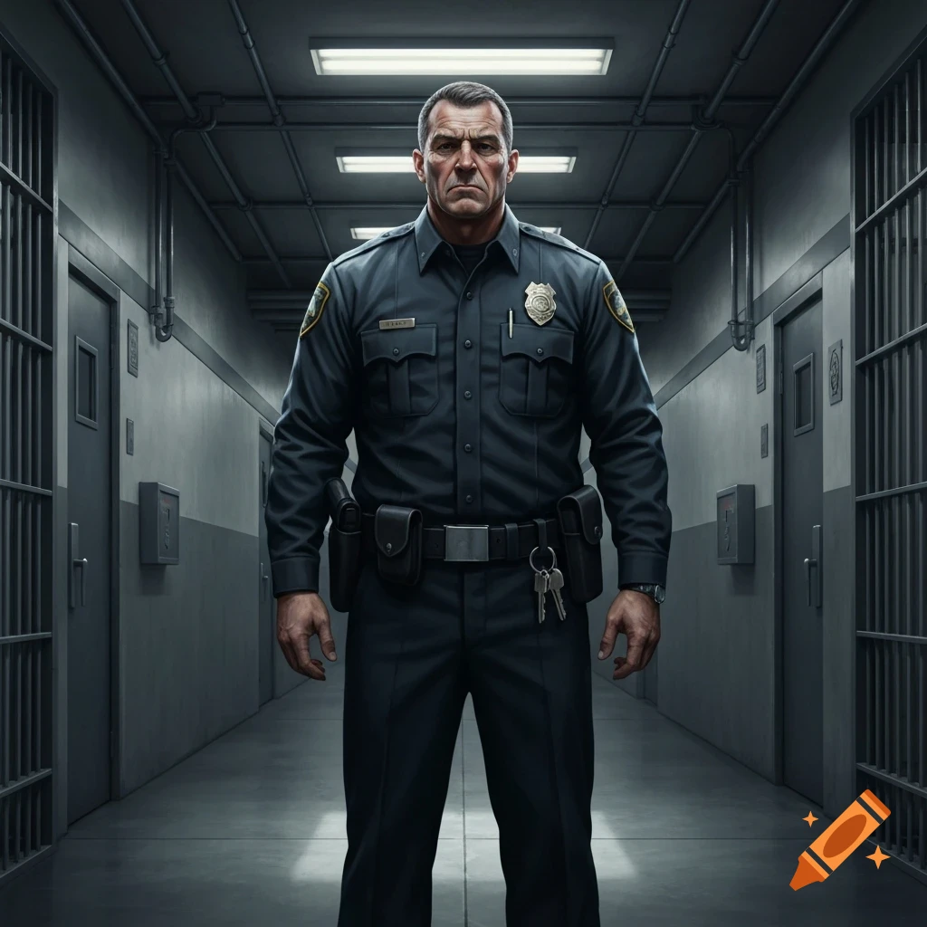 Middle-aged male prison guard in a dark uniform stands confidently in a prison hallway with cell doors, photorealistic style.
