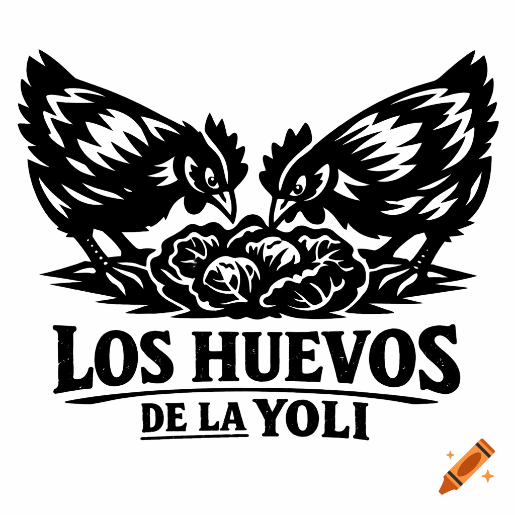 Black and white stylized logo featuring two hens pecking at cabbage, with the text 'LOS HUEVOS DE LA YOLI'.