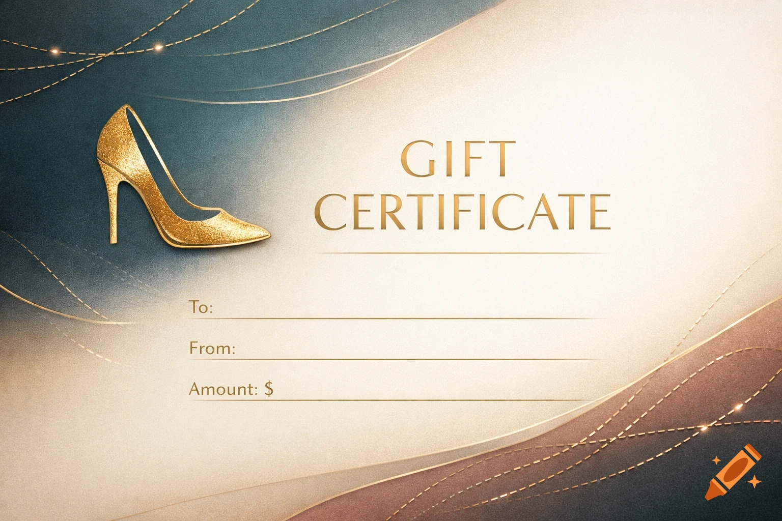 An elegant gift certificate featuring a golden glitter high heel shoe, 'GIFT CERTIFICATE' text, and fields for recipient, sender, and amount.
