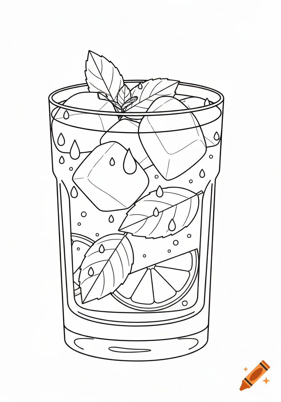 A black line art illustration for a coloring book, featuring a mojito drink with ice, mint leaves, and lime slices.
