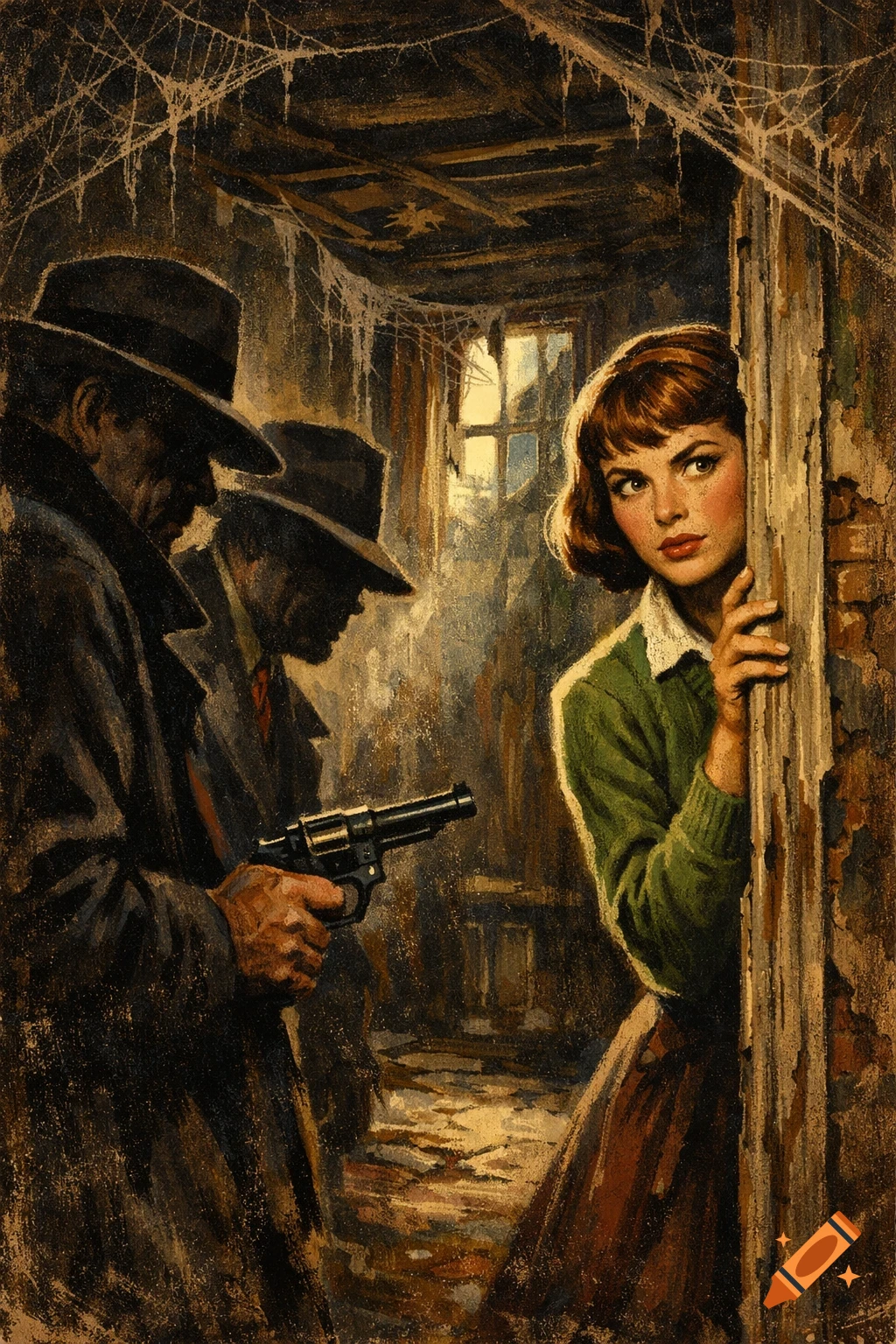 Vintage 1950s book cover art depicting a scared young woman hiding from two men, one holding a gun, in a dark, abandoned house.
