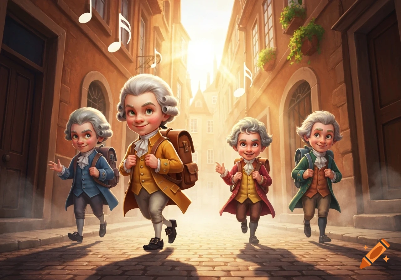 Four cartoon children in 18th-century attire with backpacks walk down a sunlit cobblestone street with musical notes.