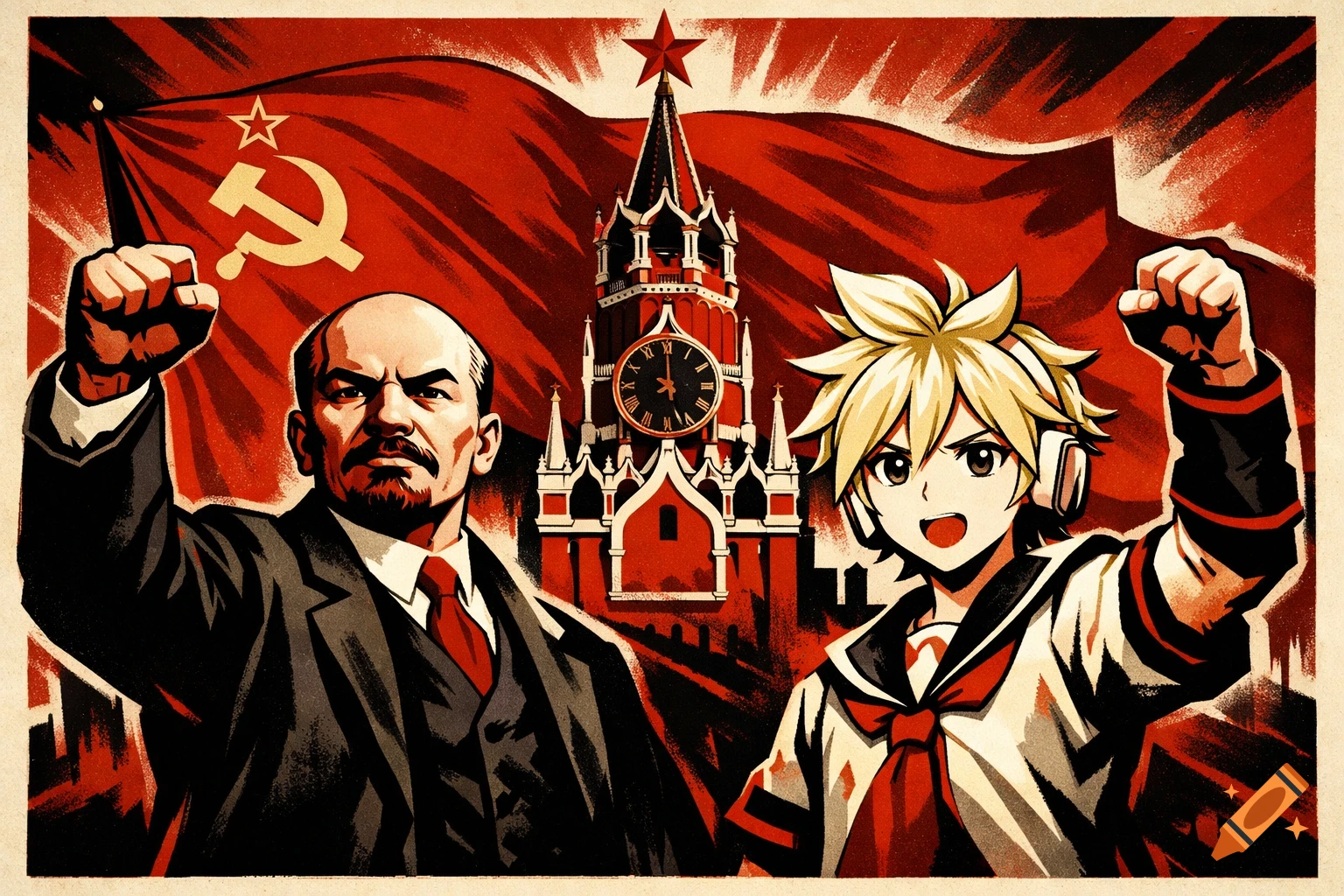 Propaganda style image of Vladimir Lenin and anime character Kagamine Len raising fists, with the Spasskaya Clock Tower and a Soviet flag in the background.
