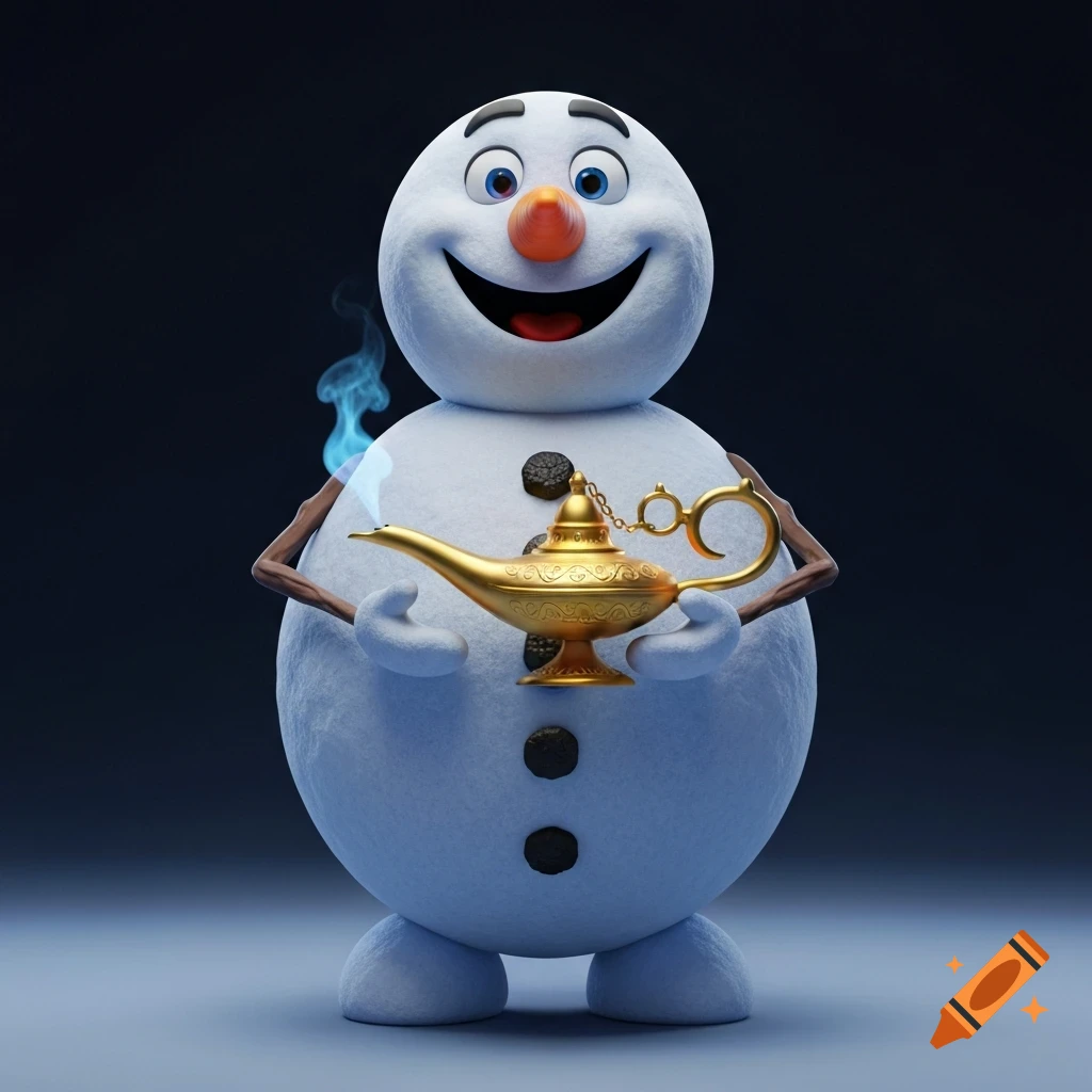 A stylized snowman, resembling a friendly animated character, holds a golden genie lamp with blue mist rising from its spout.