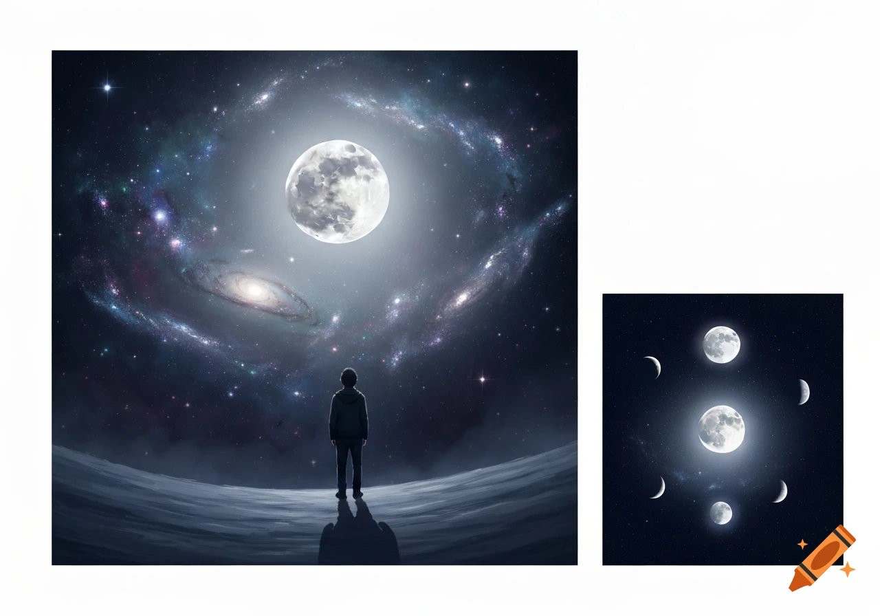 A solitary person on a desolate landscape gazes at a large full moon and vibrant galaxies. A separate image shows various moon phases.