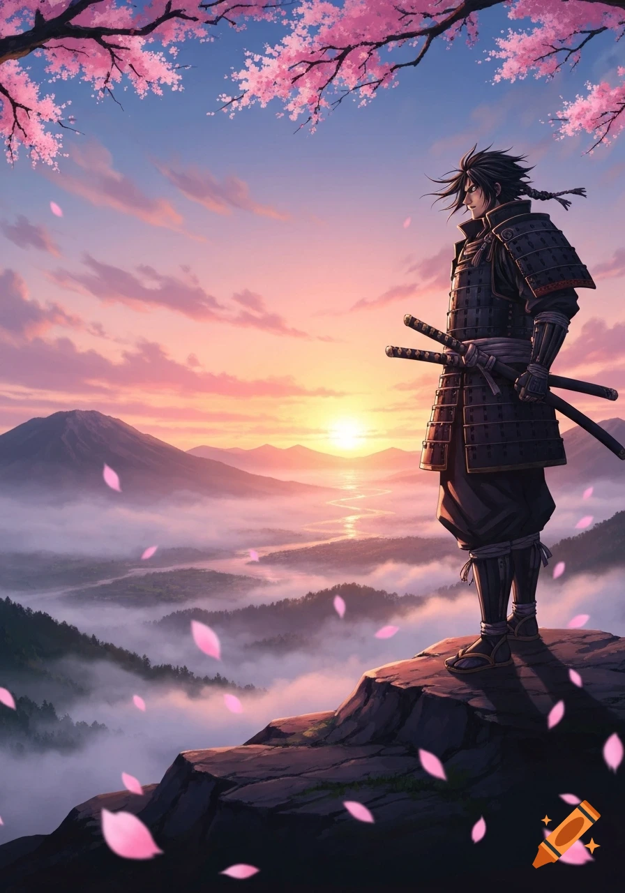 An anime samurai stands on a cliff overlooking a foggy valley and winding river at sunset, with cherry blossoms above.