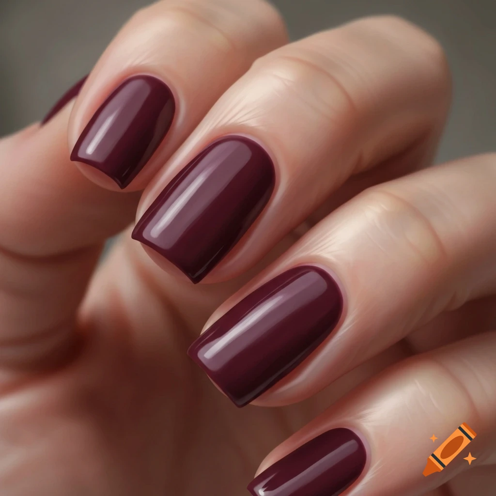 Close-up of a hand with neatly shaped square nails painted in shiny dark burgundy nail polish.