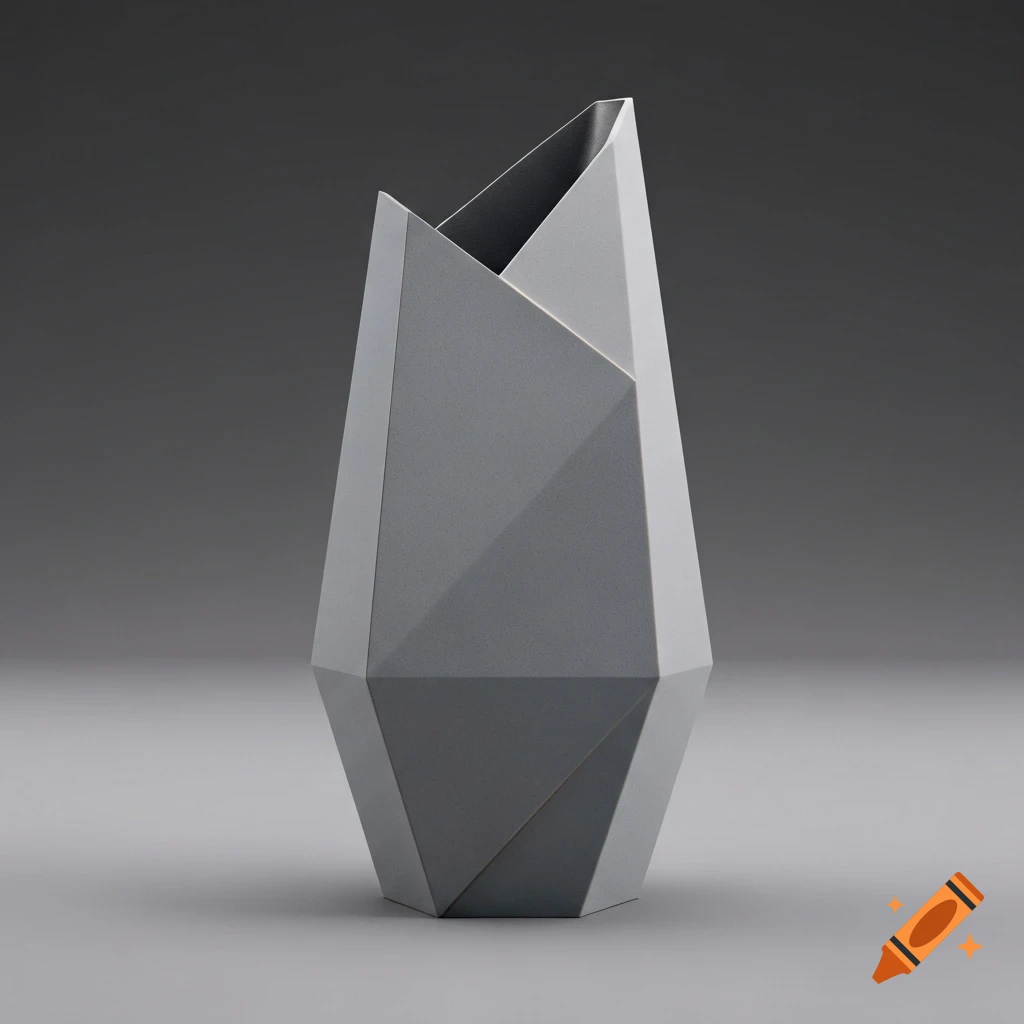 A sleek, grey geometric vase with sharp angles and facets, reflecting light on a dark background.