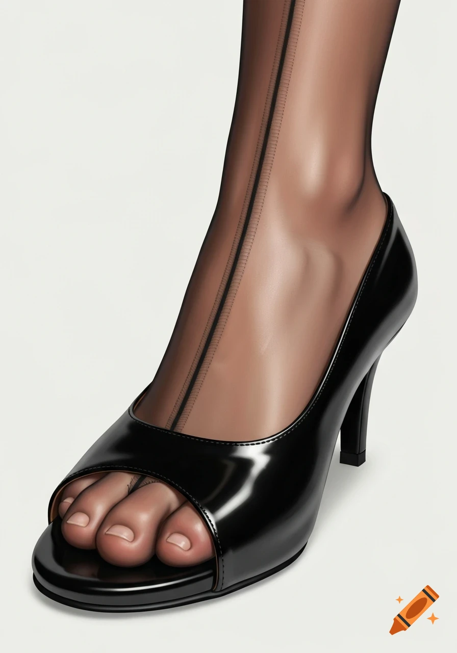 A close-up of a foot in a black patent leather peep-toe high heel and sheer black stocking with a seam.
