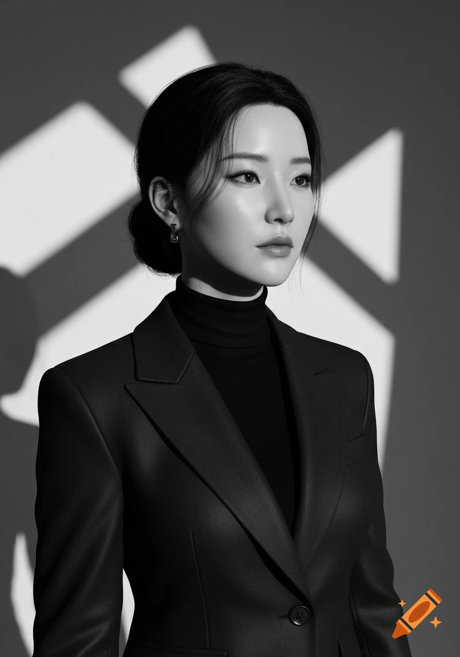 Hyper-realistic black and white portrait of a woman in a black turtleneck and blazer with dramatic geometric shadows.
