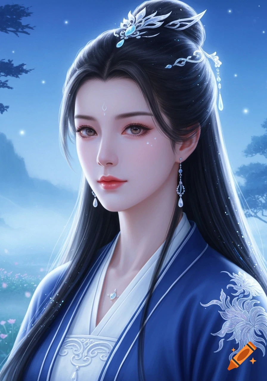 A beautiful woman with long dark hair, wearing blue and white traditional attire and ornate silver hair ornaments, against a mystical blue sky.