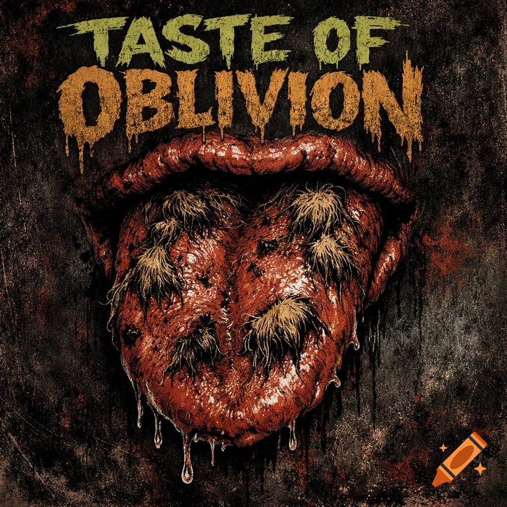 A grotesque, hairy red tongue drips, with grunge text "TASTE OF OBLIVION" above it, in a comic style album cover.