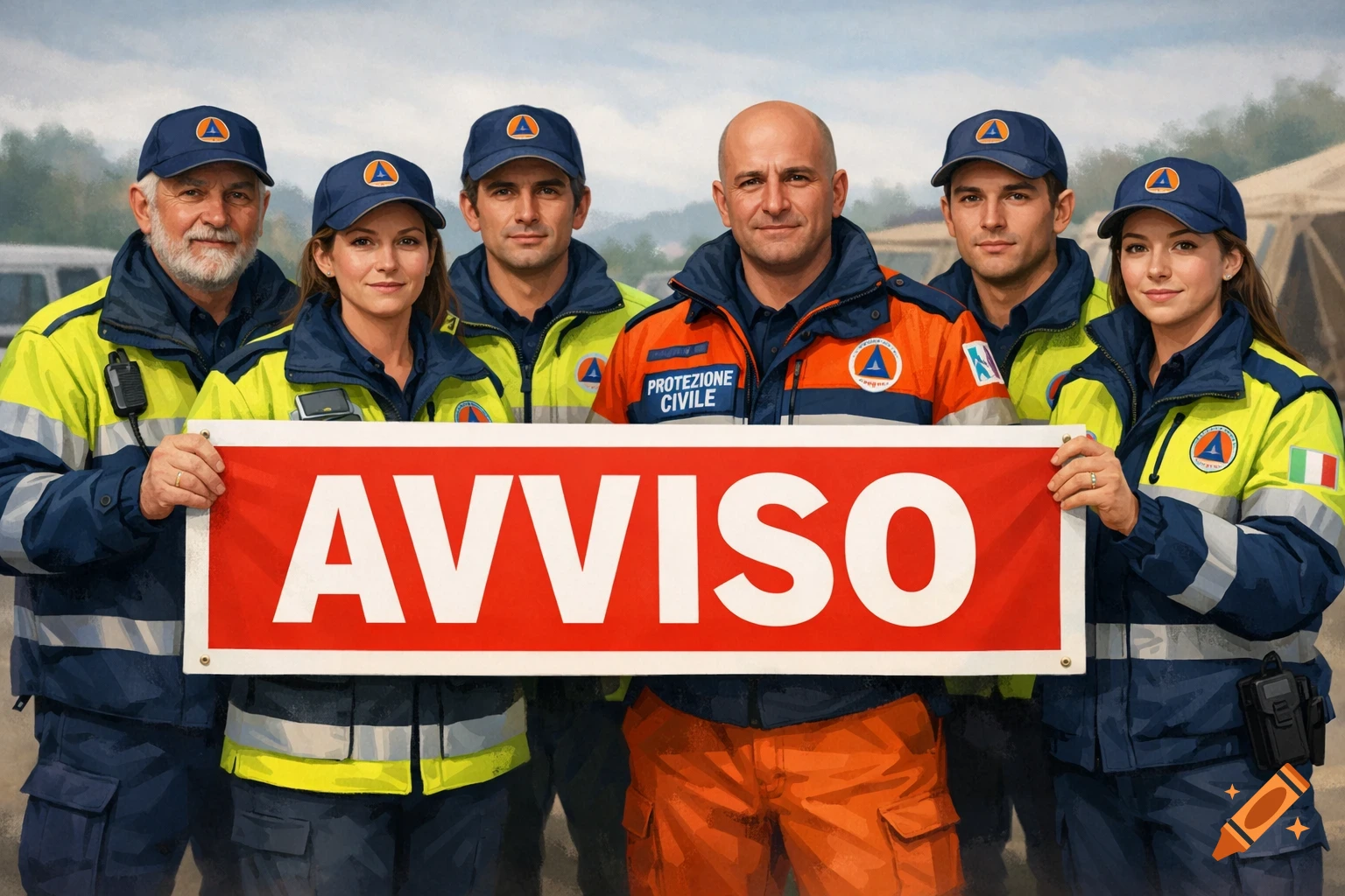 Six civil protection volunteers in blue and yellow uniforms, holding a red sign that reads "AVVISO" (Notice) in a painterly style.