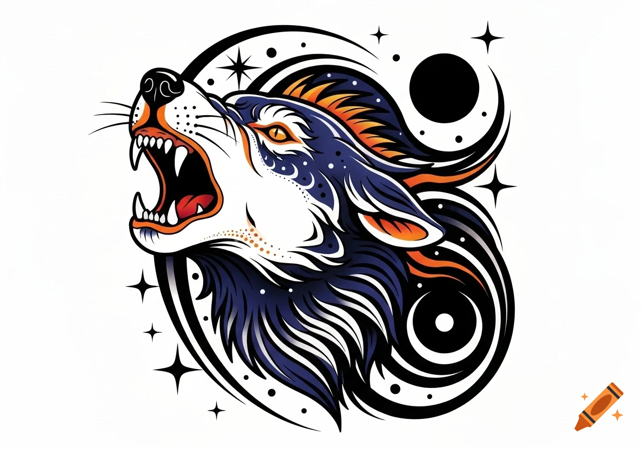 Stylized neo-traditional tattoo art of a howling wolf head in profile with bold lines, blue and orange fur, and celestial elements.