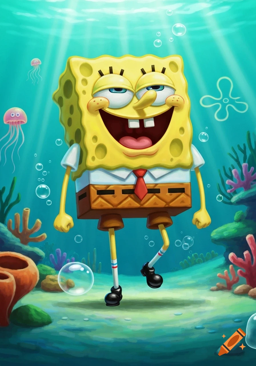 Vibrant cartoon Spongebob Squarepants stands underwater, smiling broadly with jellyfish and coral around him.