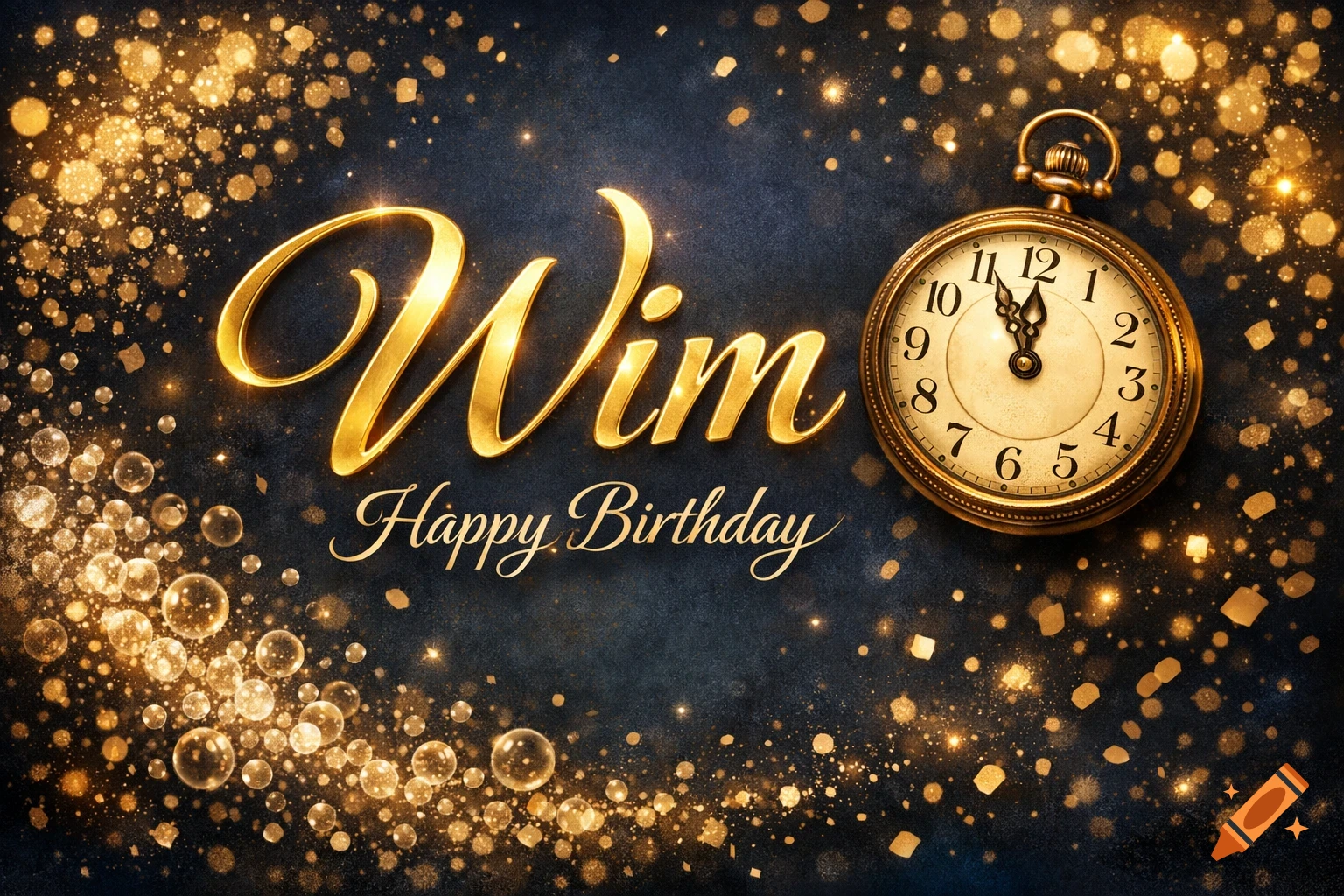 A festive birthday card with golden text "Wim Happy Birthday" and a vintage pocket watch, surrounded by golden glitter and bubbles on a dark background.